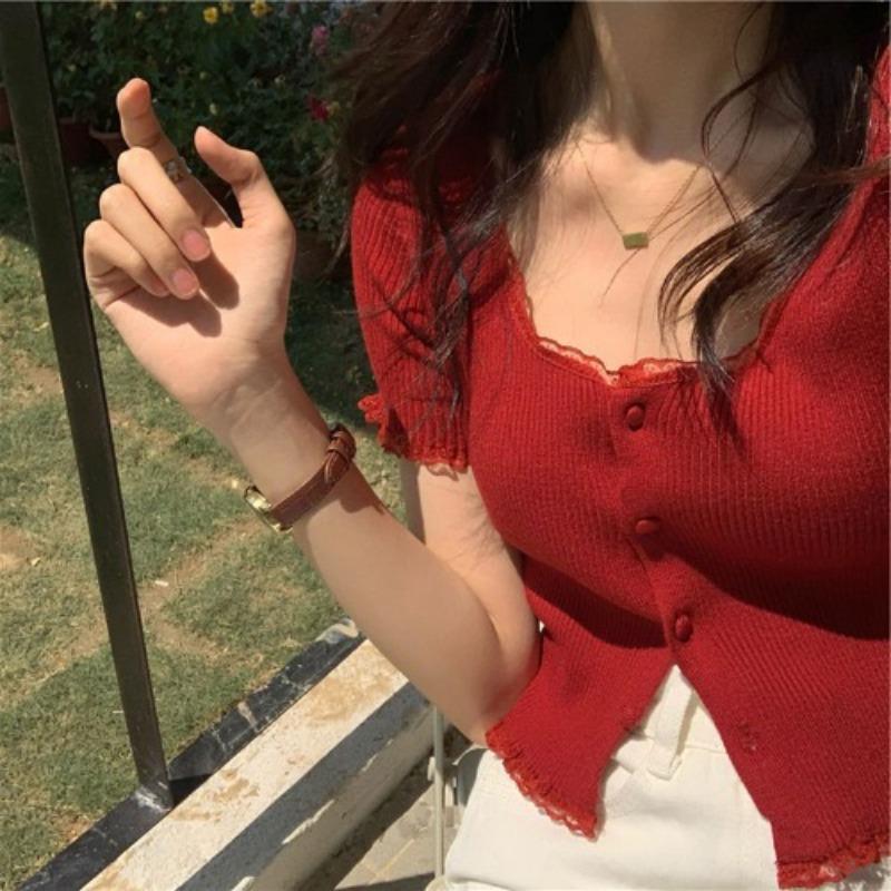 

Свитер Yankee Knit Year Женский модный фиолетовый кружевной кардиган Тонкий короткий отрезок Узкие топы Повседневный базовый комфорт и стиль Узкие пуловеры Футболки One Size бордовый