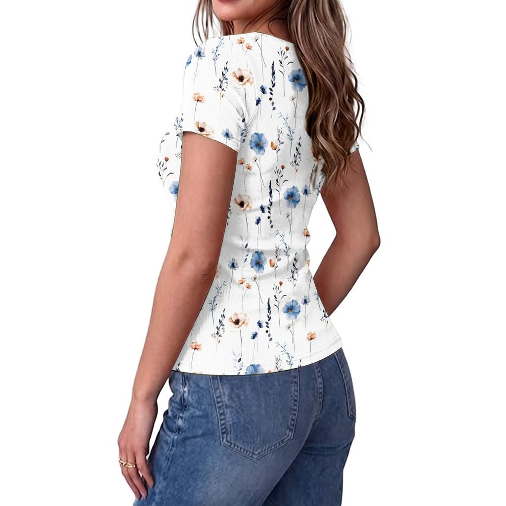Women Slim Fit Short Sleeve Top Square Neck Vintage Floral Print Ribbed Knit Stretchy T-Shirt Casual Summer Blouse