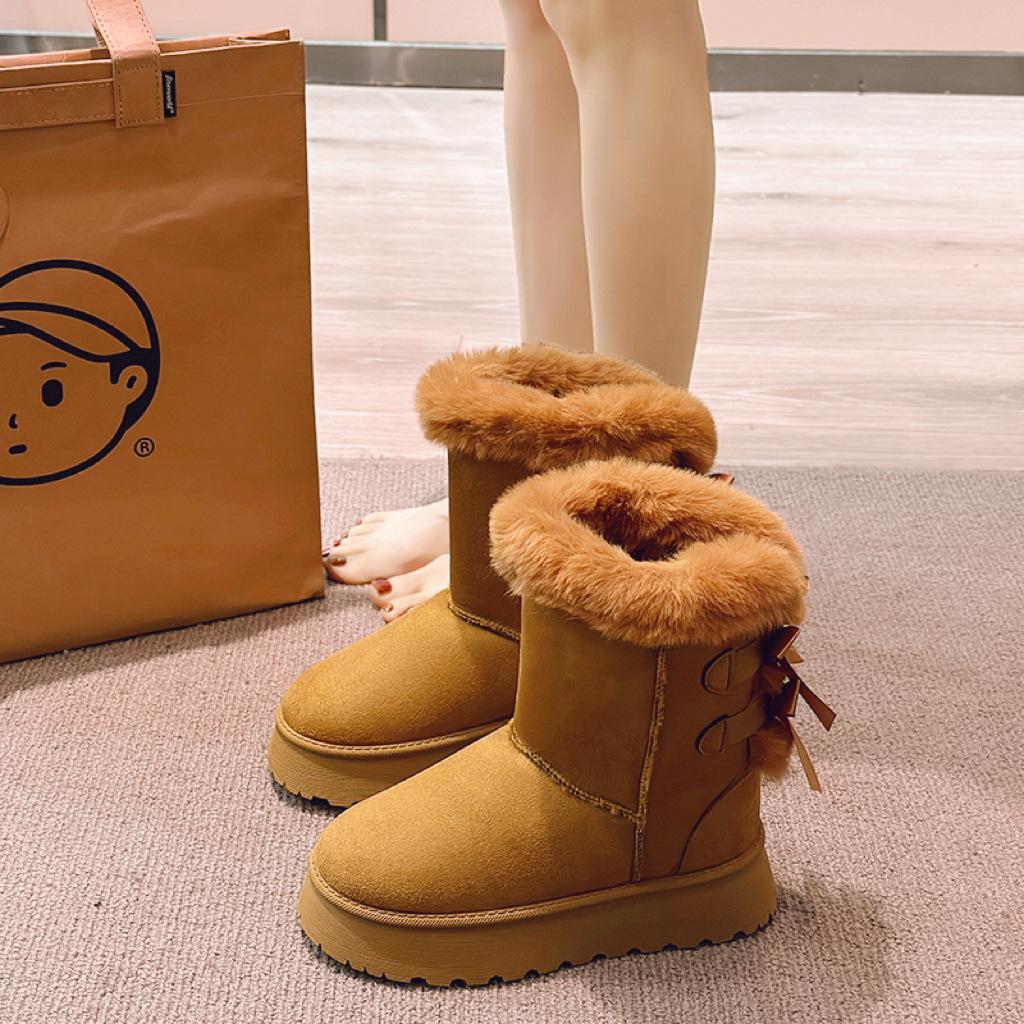 

thick-soled bow snow boots women s autumn and winter casual velvet thickened high tube outer wear cotton shoes 36