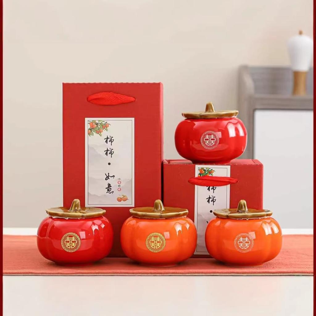 Persimmon Ruyi Ceramic Tea Can Sealed Candy Box Tea Cake Wedding Gift Box Company Opening Gift