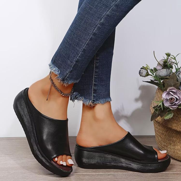 Slippers female summer wear slope heel fish mouth one-word drag muffin thick bottom retro