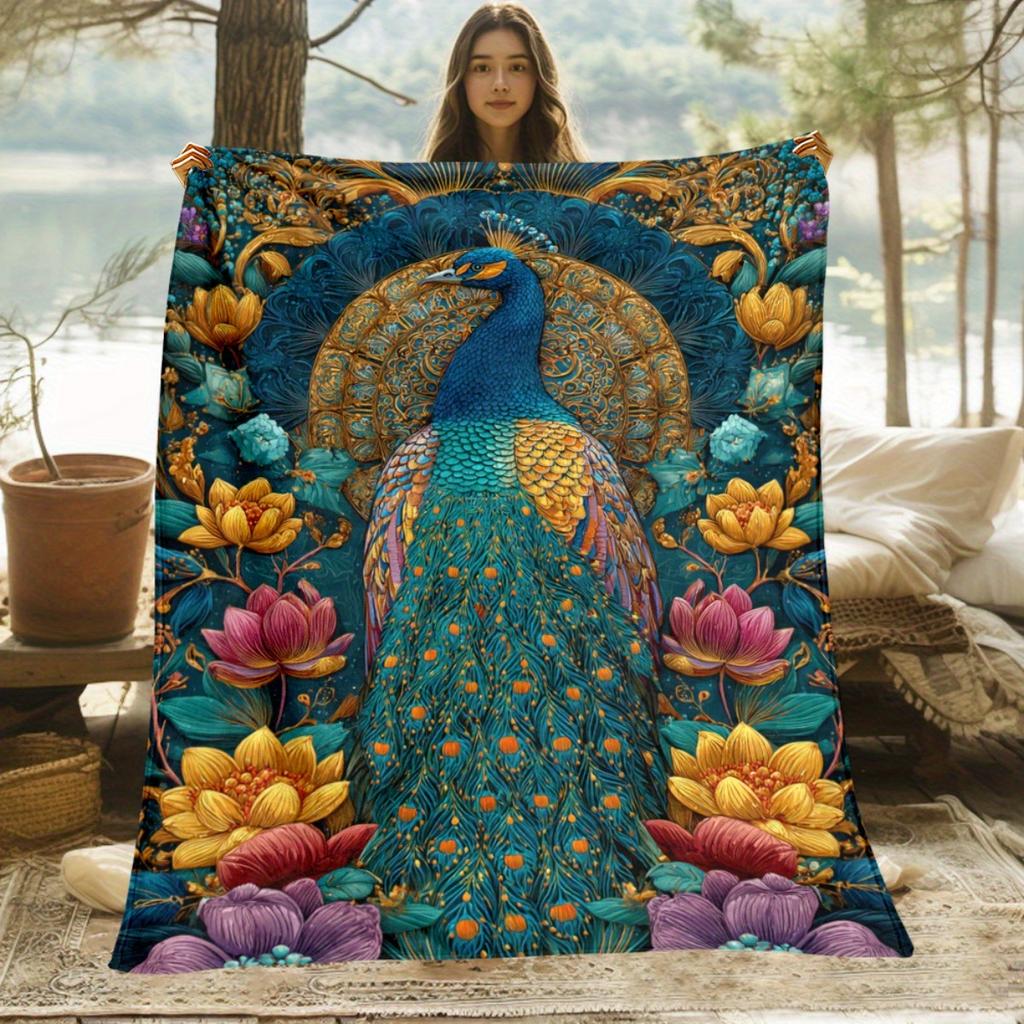 Graceful peacock pattern Flannel printed blanket suitable for all seasons suitable for living room office sofa and travel