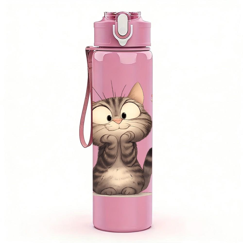 1PC Soft Kitten Simple Art 750ml Color Plastic Sports Water Bottle Leakproof Flip Straw Lid Suitable for Sports Office Home Use