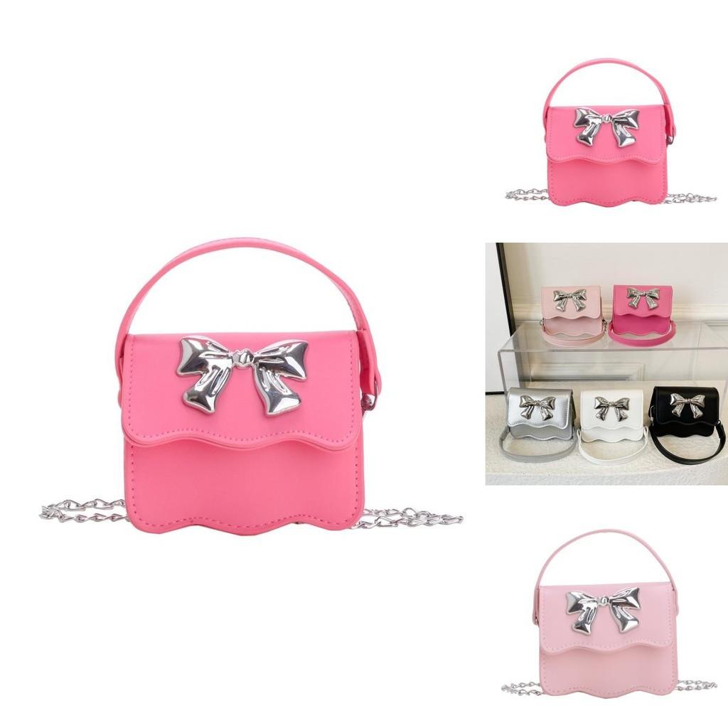 Cute Solid Color Silver Bow Decoration Kid Mini Shoulder Chain Bag For Summer Casual Wear