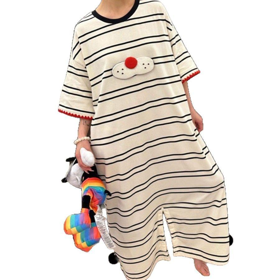 Foreign Style Cartoon Large Size Short-sleeved Pajamas Women's Summer 1011 New Loose Long One-piece Pajamas Loungewear Outside