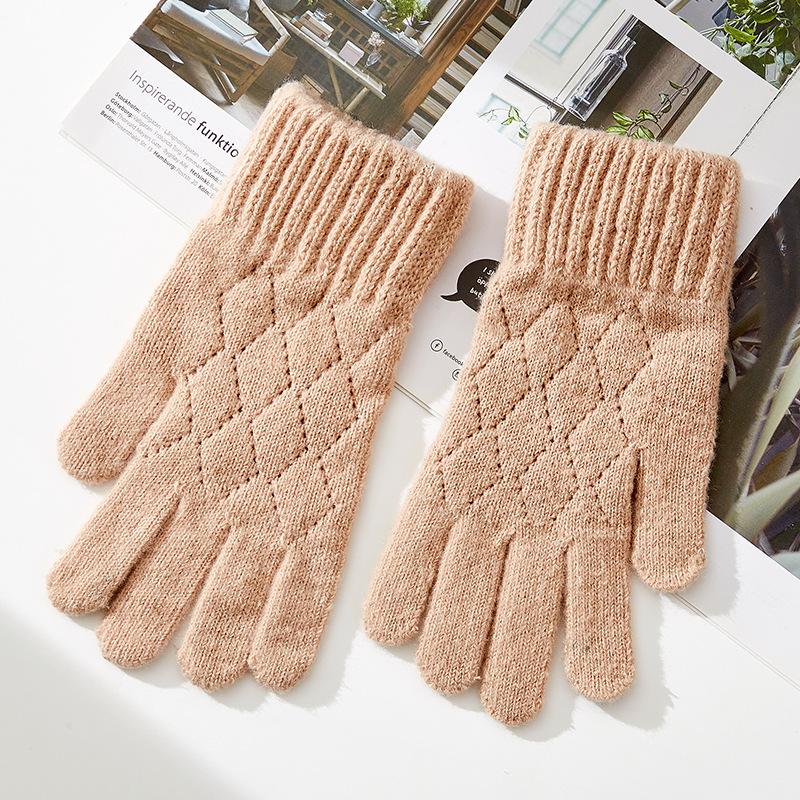 New Women's Solid Color Knitted Rhombus Jacquard Warm Gloves Stylish Touch Screen Riding Cold Proof Full Finger
