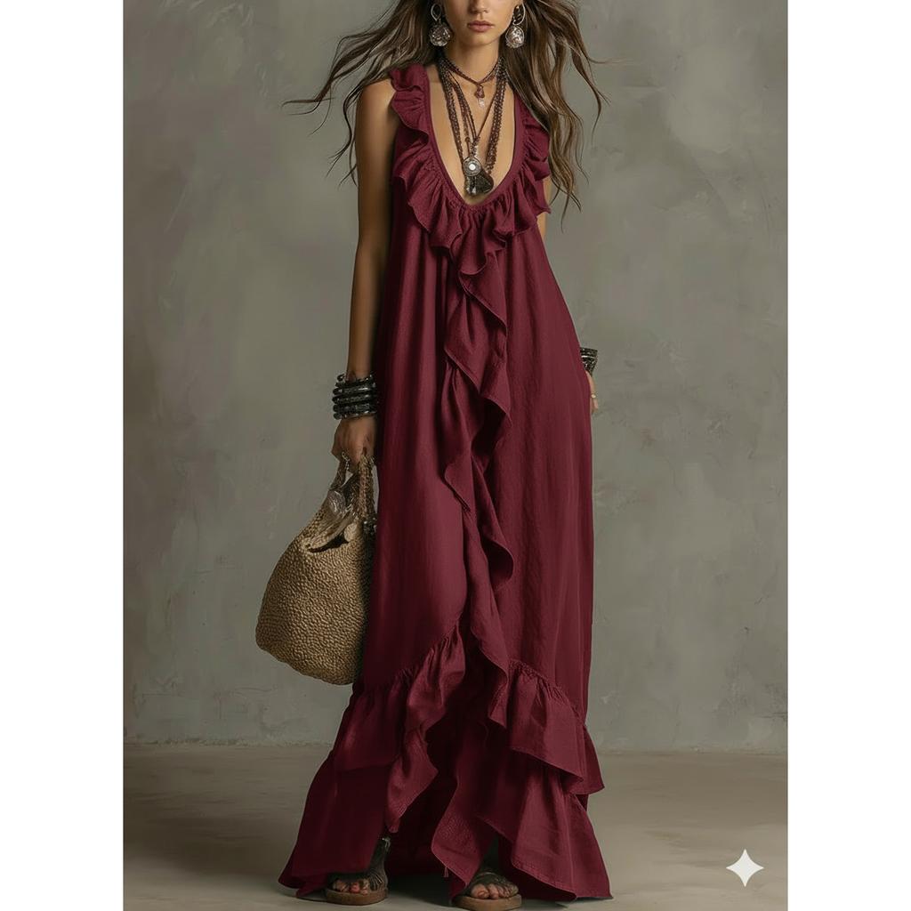 Sexy Deep V Neck Ruffle Loose Long Dresses Woman Spring Casual Solid Party Maxi Dress Summer Sleeveless Vacation Beach Dress