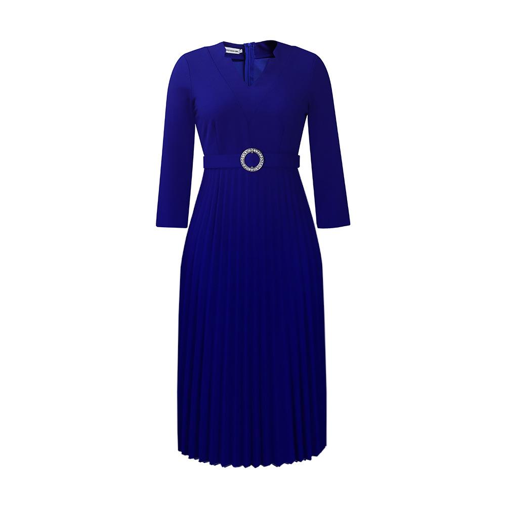 IHUASU Solid Color Print Spring Autumn Women's Autumn Long Sleeve V-neck Fashion Temperament Elegant Pleated Skirt High Waist Dress