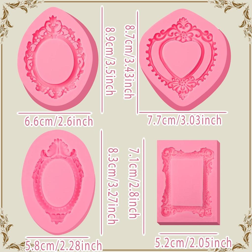 Baroque Frame Silicone Molds 4 Pcs, Chocolate Fondant Mold for Cake Decoration, Clay Resin Mold, Home Baking Home Decoration, Candy, Sugar Craft,