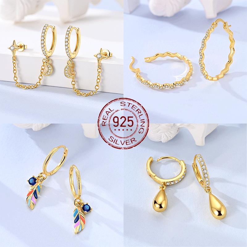 Gold Serie Hoop Earrings 925 Silver Sparkling Irregular Shape Feather Star Earrings Stud for Woman Girl Jewelry Gift