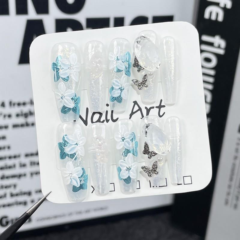 Handmade Press-On Nails With Ice-Transparent Floral Art Extra Long Wearable Nail Tips Women Extra Small