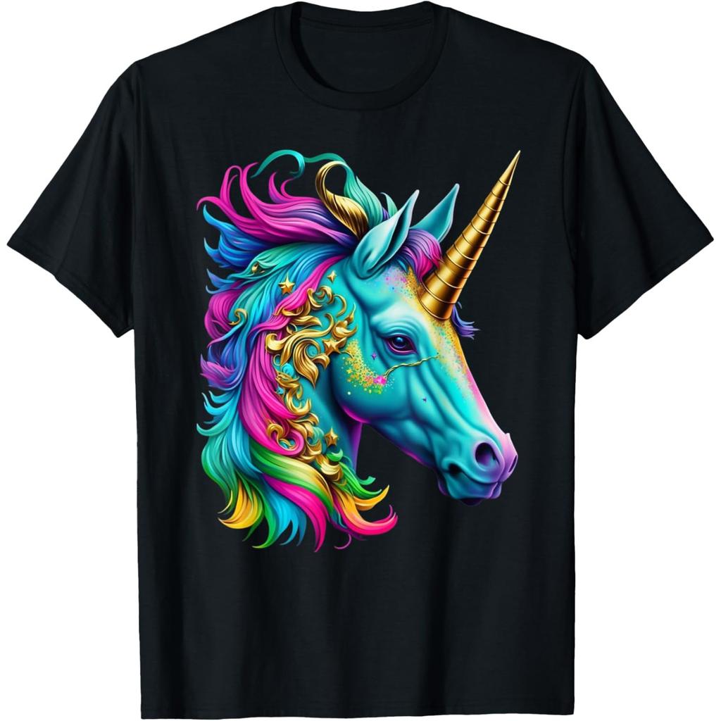 Vibrant Unicorn Head Graphic Tee Men Casual Breathable Pure Cotton Crewneck Tshirt