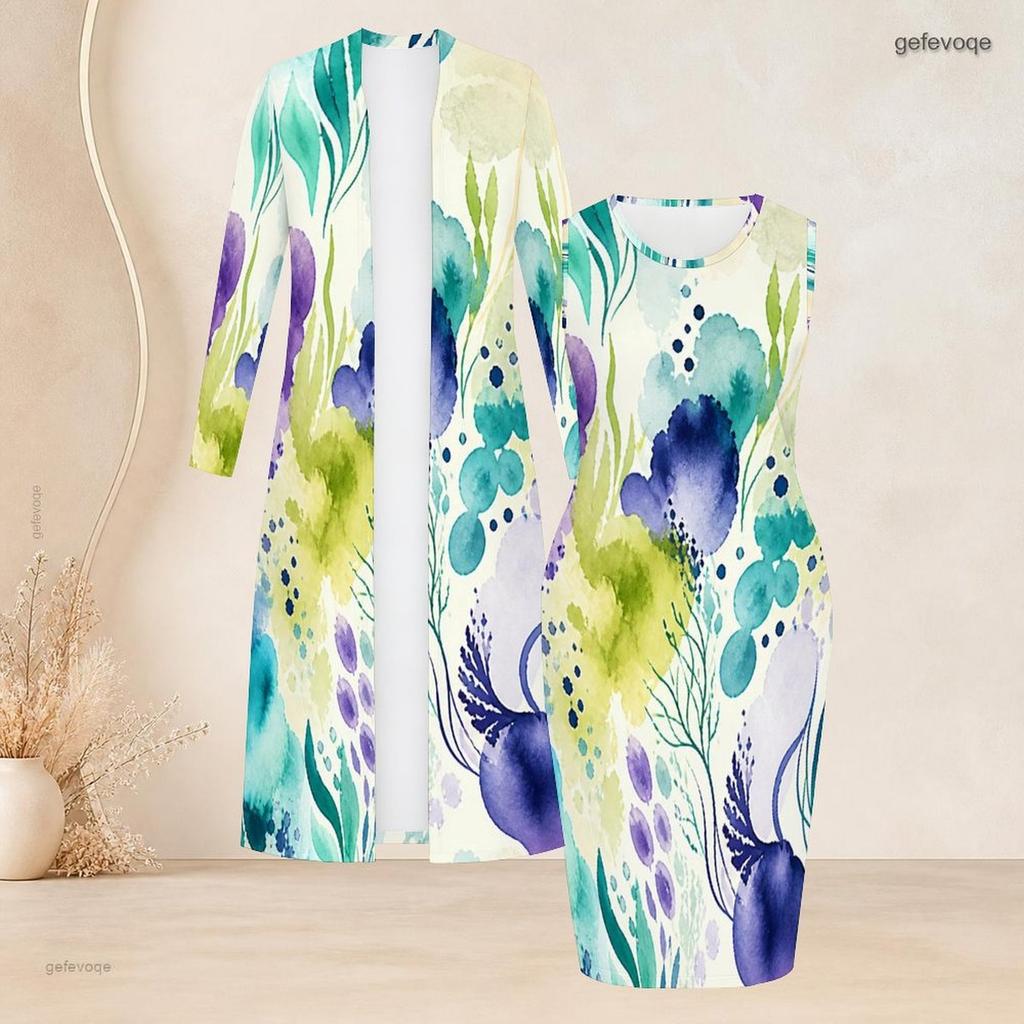 Women Plus Size Dark Blue Printed Two Piece Set Sleeveless Bodycon Dress Long Sleeve Open Front Cardigan