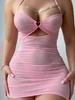 New Sexy Pure Desire Transparent Mesh Hanging Neck Wrap Hip Dress Solid Color Backless Deep V Sleeveless Mini Dress Elegant Zxjb