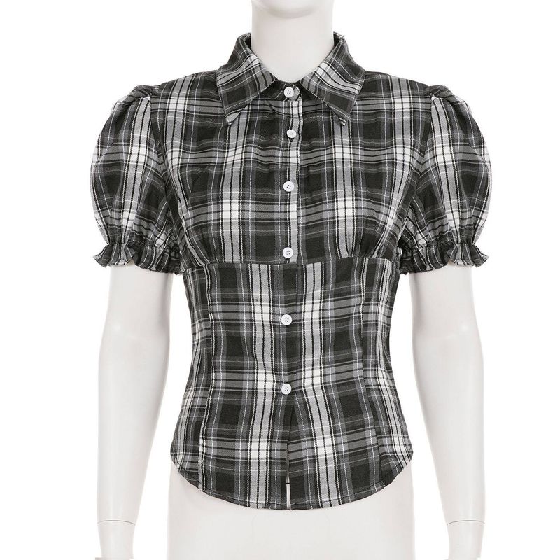 and American Style Cross-Border Plaid Short Top with Lapel, Buttoned Front, Puff Sleeves, Color-Blocking, Ruched Waist, Versatile Short Sleeves