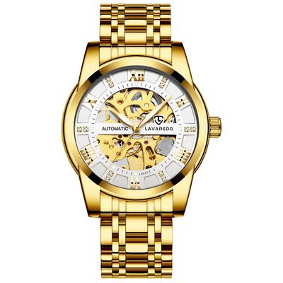 Tevise Men's Skeleton Watch, Silver Stainless Steel, Waterproof, Automatic, Luminous Diamond and Roman Numeral Dial, Gold-Blue