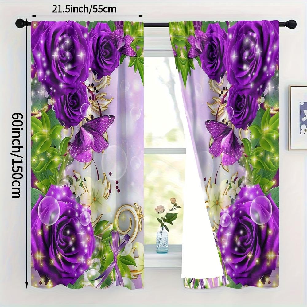 2Pcs Polyester Shiny Purple Rose Printing Window Curtains Birthday Party Decoration Backdrop Drapes for Living Room