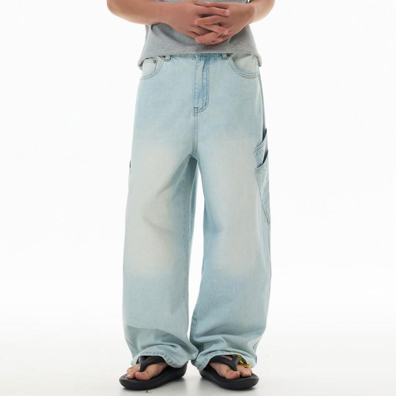 Mens Light Wash Distressed Jeans High Street Loose Straight Leg Cargo Pants With Pockets