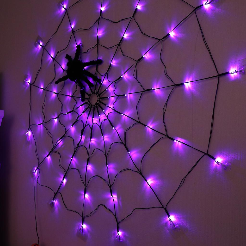 Halloween Spider Web Lights 3.28FT Waterproof Net Lights 70 LED 8 Modes Remote Control USB/Battery Operated Purple String Light