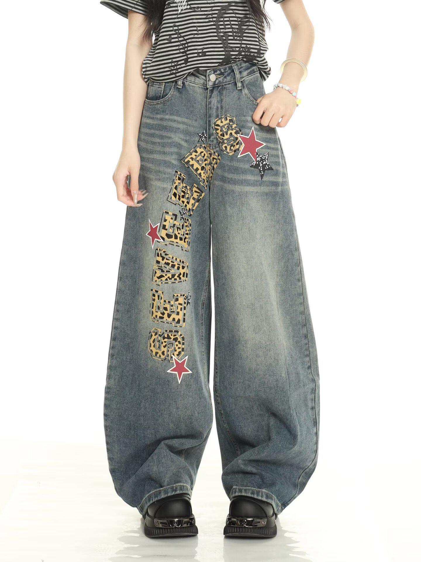 American Retro Print High Waist Wide Leg Denim Jeans for Women - 2026 Autumn/Winter Collection S