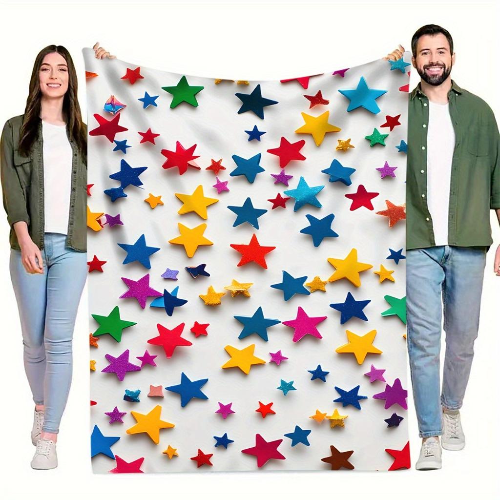 1pc Colorful Stars Digital Printed Design Blanket - All-Season Soft Flannel Throw with Vibrant Star Pattern, Mixed Colors for