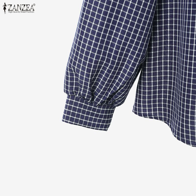 ZANZEA Women Long Sleeve Round Neck Plaid Splicing Casual Basic Pullover Tops Blouse