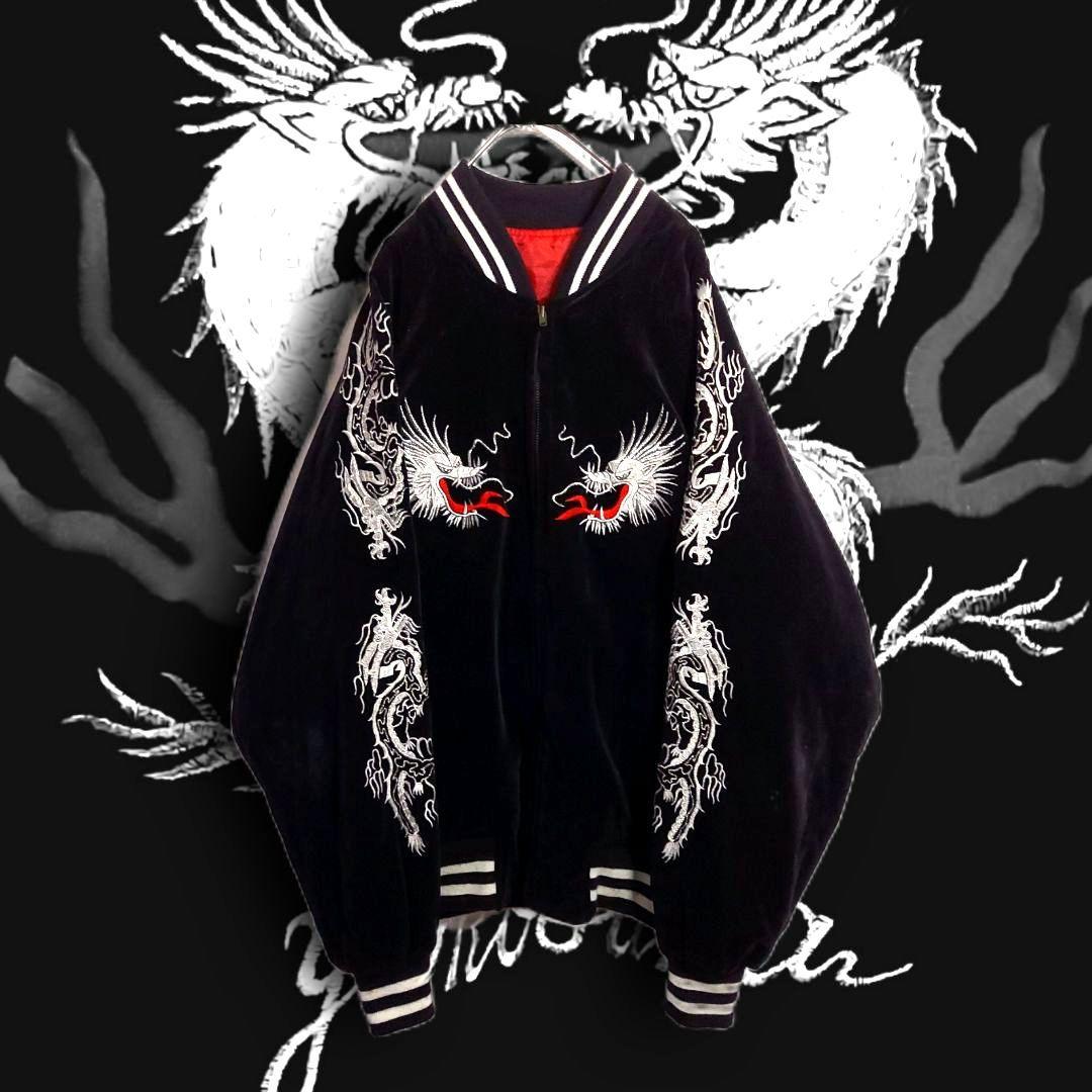 

[Б/У] Японская бархатная куртка сукаджан 90-х с серебряной вышивкой дракона, мужская, размер XL, черно-красная, BTS SUGA