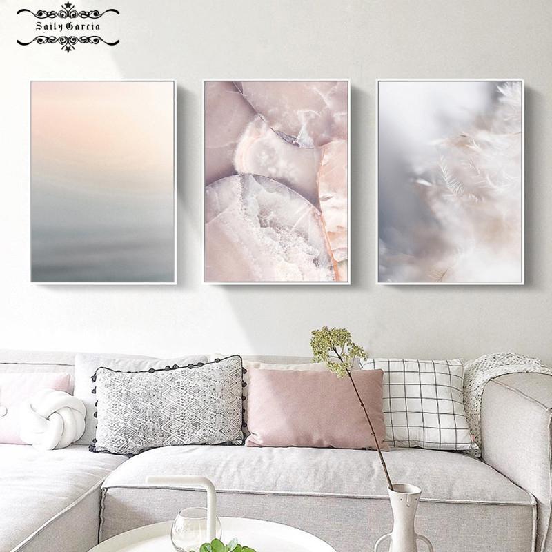 Simple Pastel Color Canvas Painting Feather Marble Pink Gray Poster for Living Room Modern Home Korean Wall Art Decor Pictures