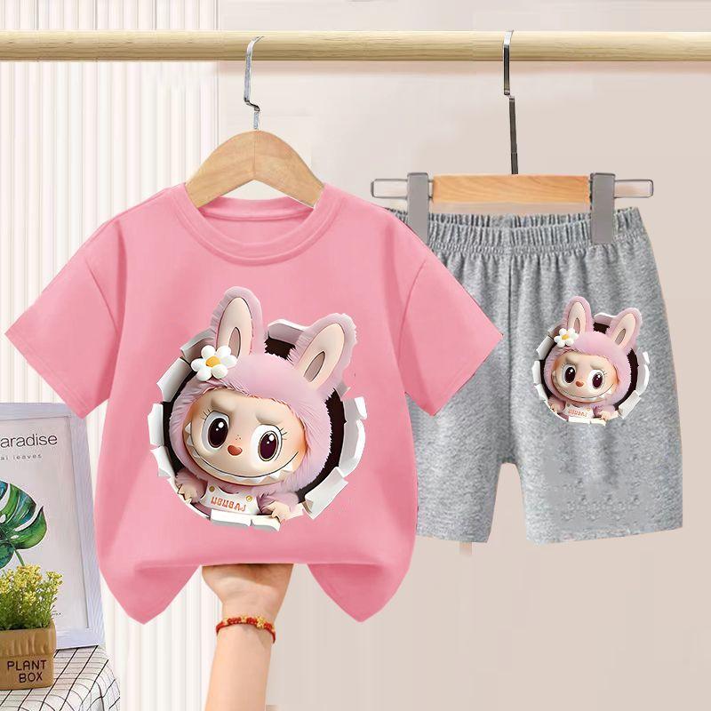 Children's LBB Short-sleeved Two-piece Set, Summer Boys' and Girls' Thin Pure Cotton T-shirt and Shorts Set