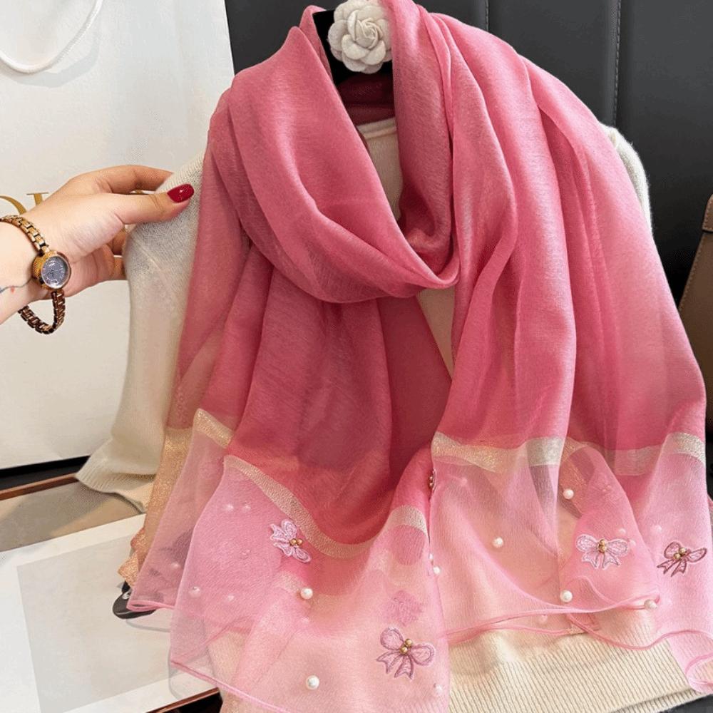 Elegant Thin Silk Scarf Bow Lace Scarf Wraps Fashion Embroidery Scarf Spring