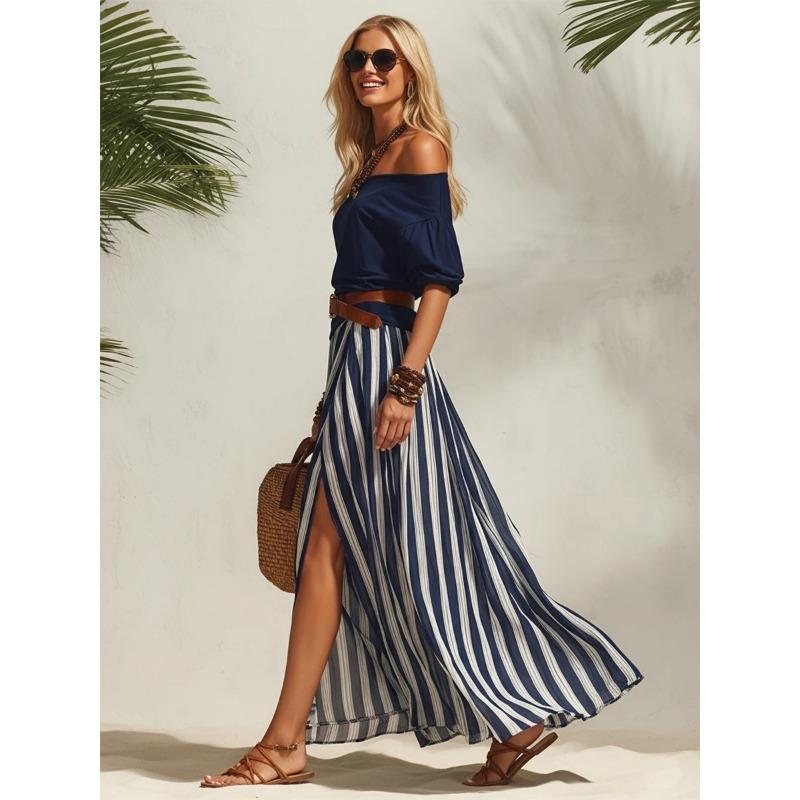 Conjunto Náutico para Vacaciones con Top de Hombros Descubiertos y Falda Larga con Abertura para Mujer