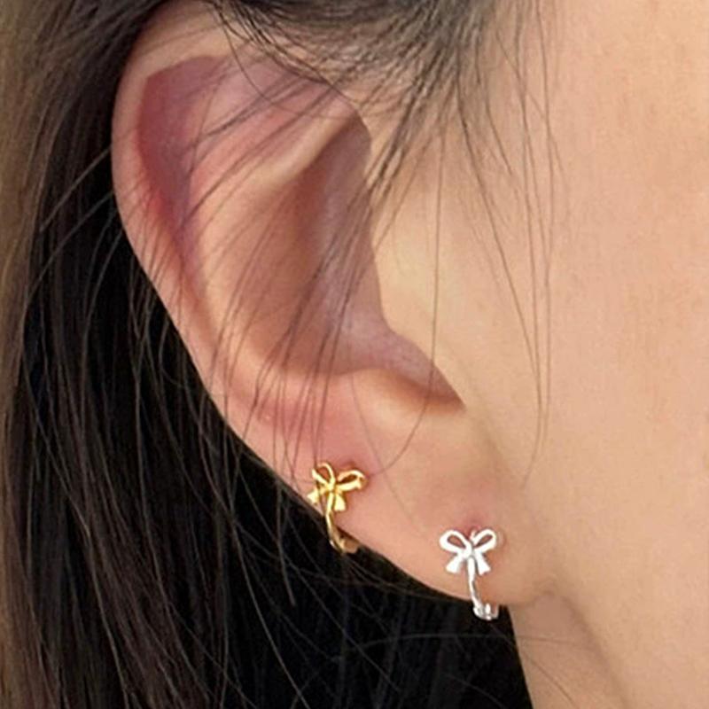 Golden Silver Color Bow Knot Hoops for Girls Small Ear Cuff Earrings Trendy Sweet Round Circle Cute Earrings Fashion Jewelry