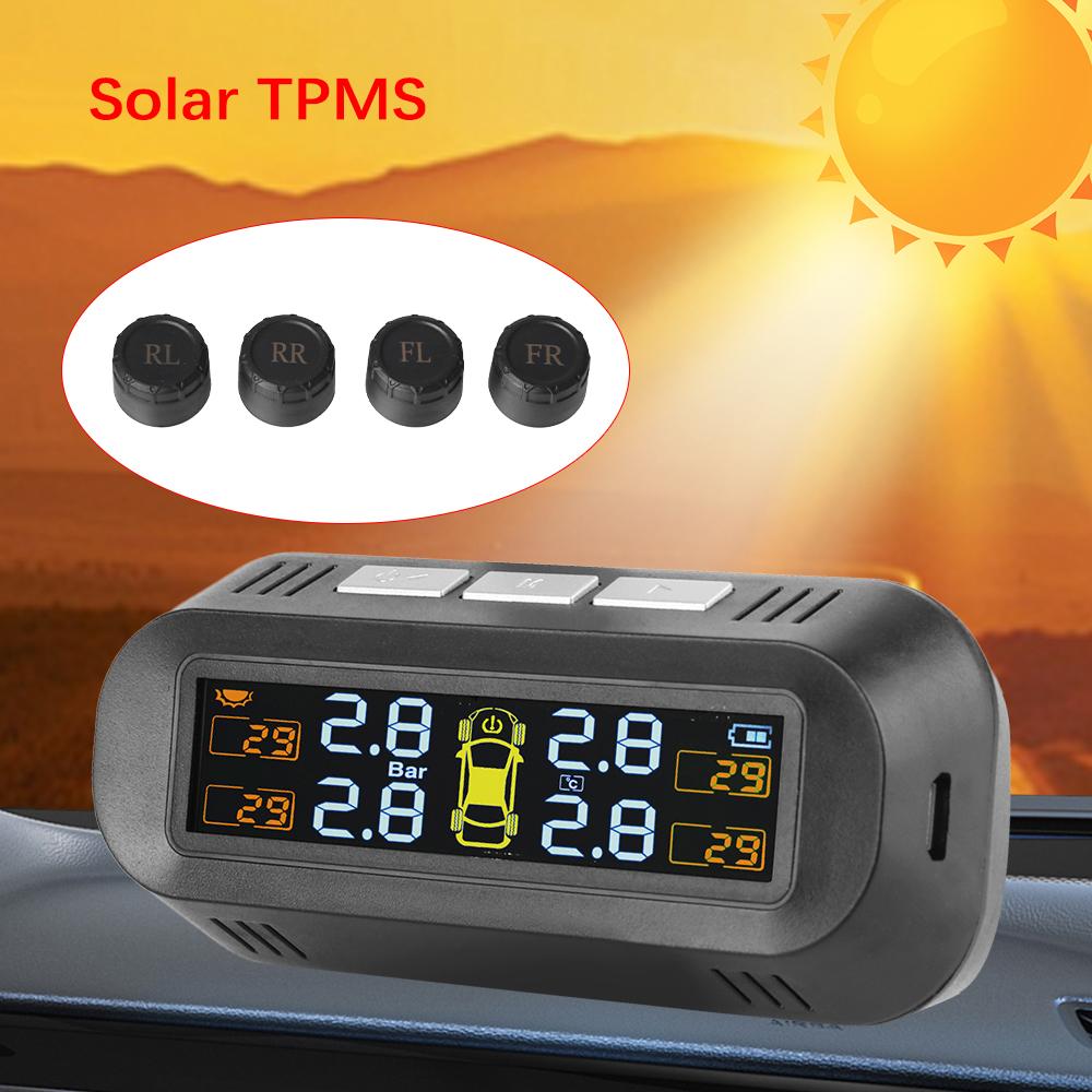 Digital LCD-display Sol-/USB-driven Bil Säkerhetslarm System Däcktrycksövervakningssystem Bil TPMS