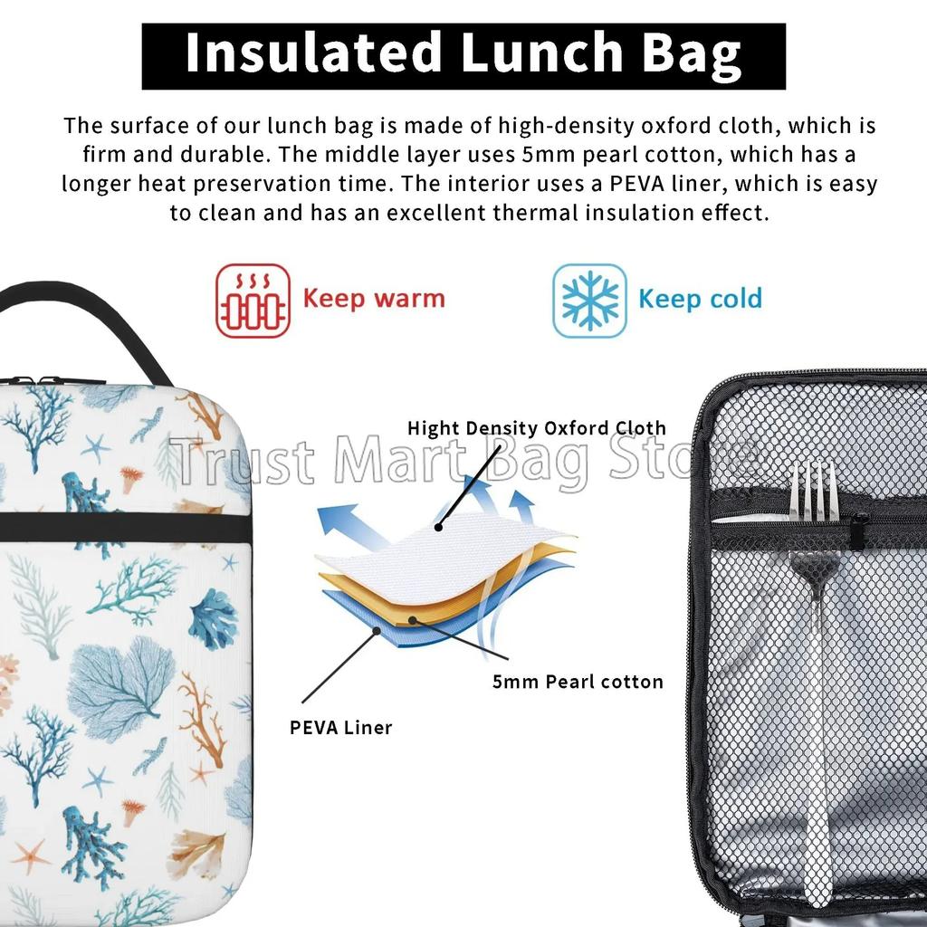 Blau Weiß Ozean Koralle Isolierte Brotdose Wiederverwendbare Thermische Lunchtasche Mahlzeit Tragbarer Behälter Tragetasche für Damen Arbeit Picknick Reise
