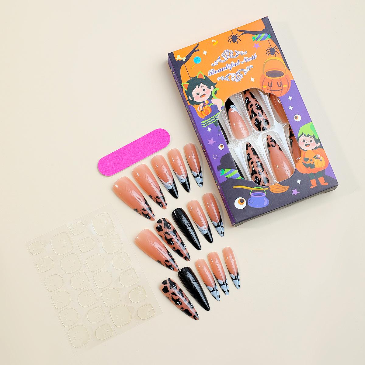 

European and American Halloween Black French Edge Ghostly Nail Art for a Mysterious Holiday Look