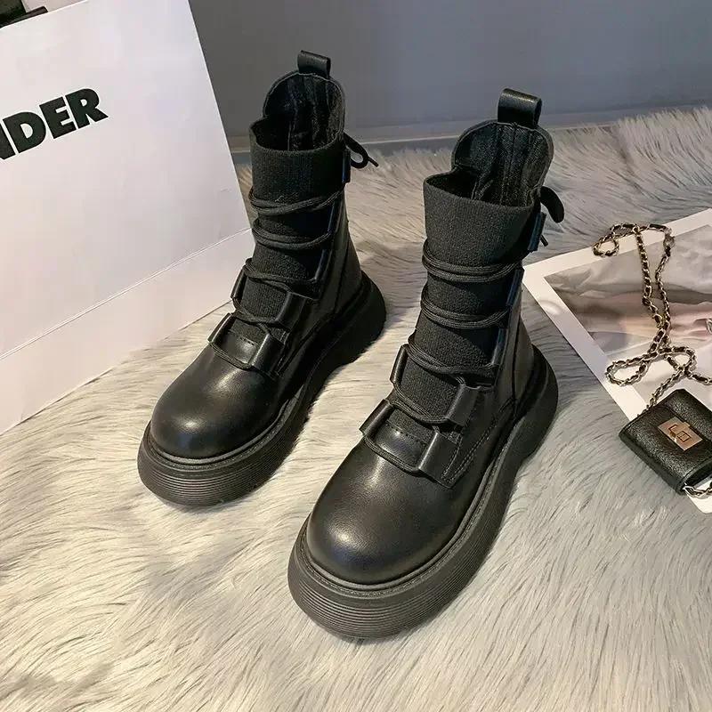 New Fashionable and Versatile Elastic Knitted Short Boots for Women, Thick Soled and Height Increasing Lace Up Short Boots