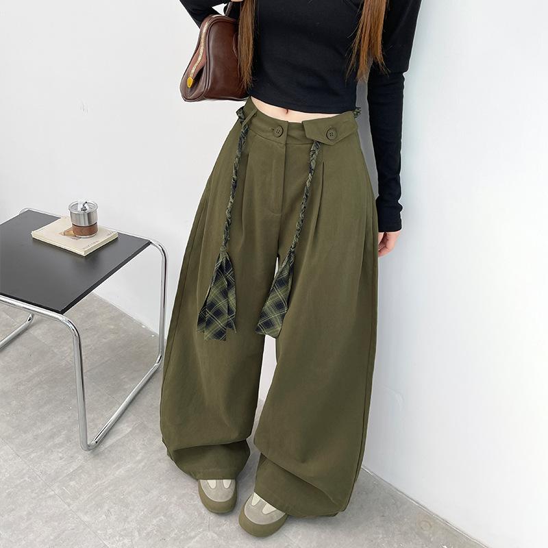 Army Green Retro Tooling Wide-leg Pants Women's Autumn New High-waisted Lace-up Flower Rope Lazy Scimitar Pants