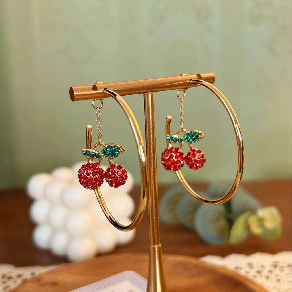 Red Zircon Cherry Leaf Stud Earrings For Women Crystal Cute Strawberry Dangle Earring Girls Party Wedding Piercing Jewelry Gift