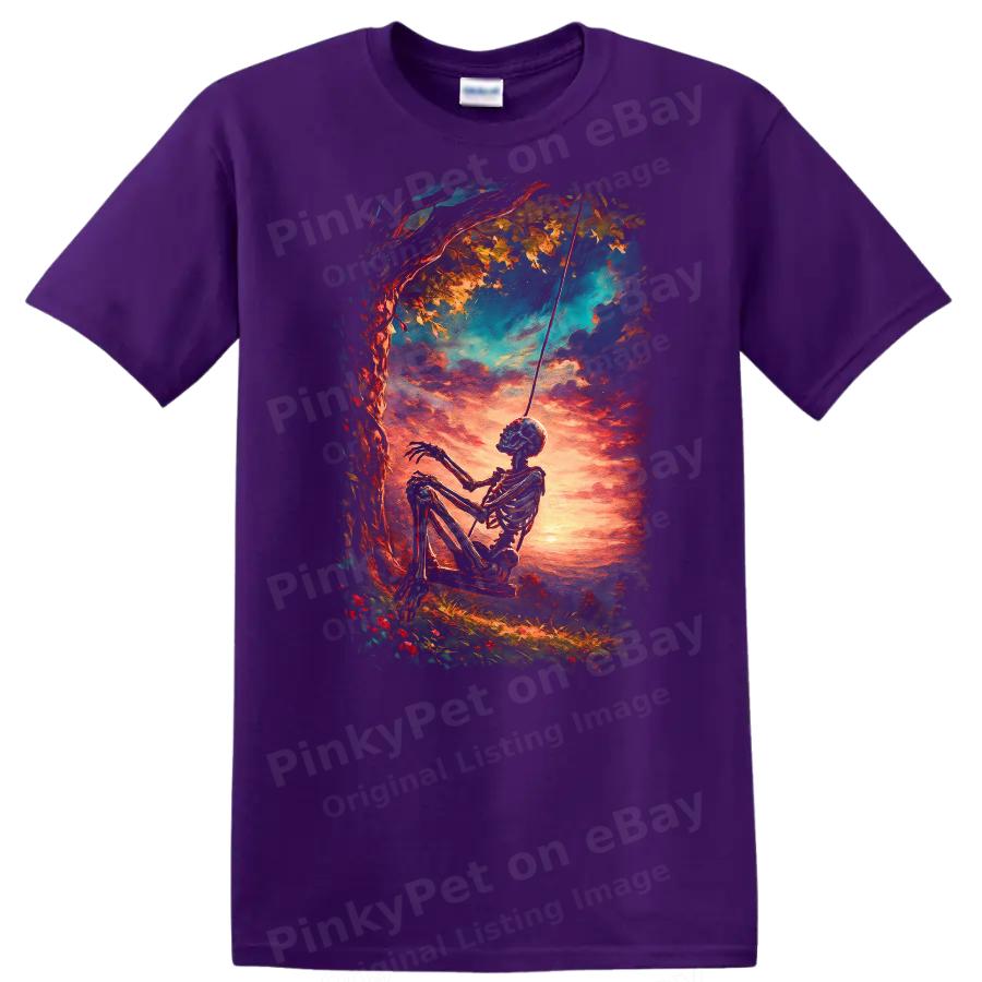 Skeleton on Swing Sunset Scene T Shirt Artistic Nature Tee Cute Gift Idea