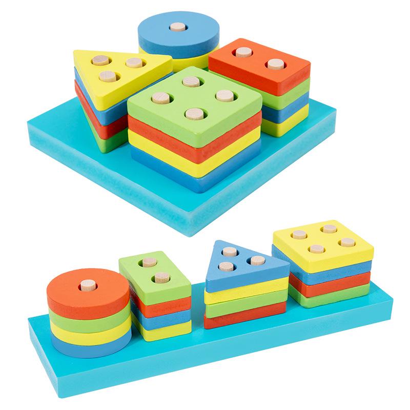 Kids' Wooden Educational Building Blocks: Four-Column Macaron Shape Recognition Set
