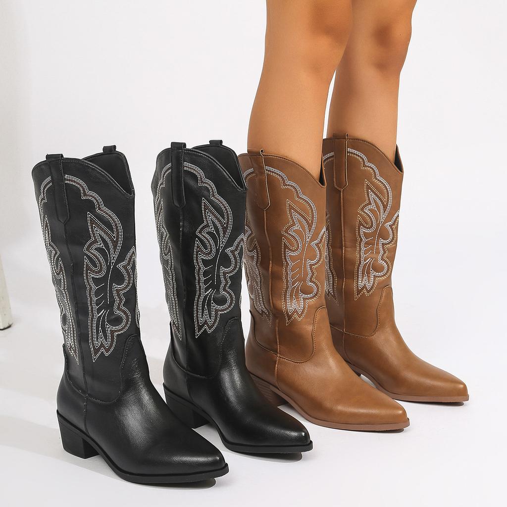 Fashion Plus Size 43 High Quality Block Heels Mid-calf White Cowboy Boots Women Vintage Country Concert Western Boot Shoes Zapatos Mujer