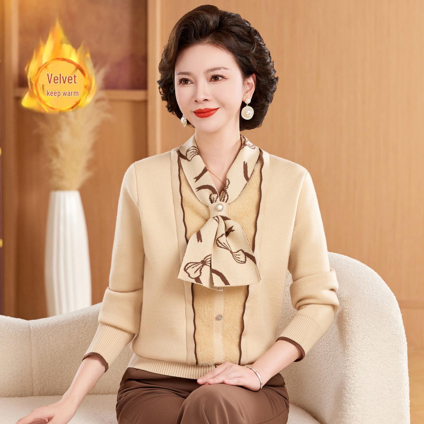 

Mother s Winter Velvet Bow Knitwear: Stylish Thickened Sweater for Middle-Aged and Elderly Women 4XL [For 145-160 lbs]