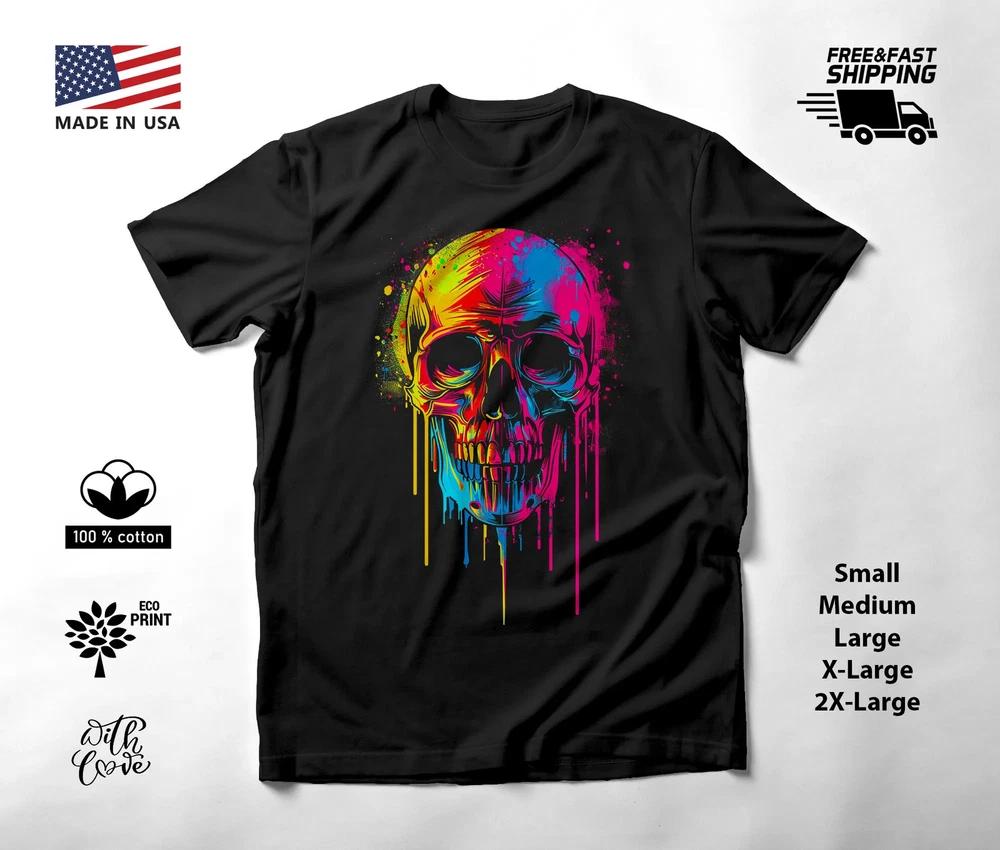 Colorful Skull Neon Graphic T-Shirt Black Unisex S-2XL
