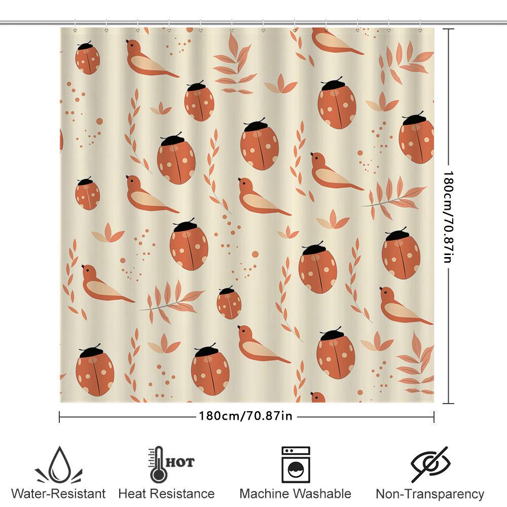 Rustic Ladybug Bird Shower Curtain For Bathroom Decor Peach Color Shaggy Fabric Waterproof Bath Mats 72 X 72 Inches (180X180Cm)