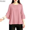 ZANZEA Women Casual Round Neck 3/4 Sleeve Embroidery Print Loose Blouse Ruffles 