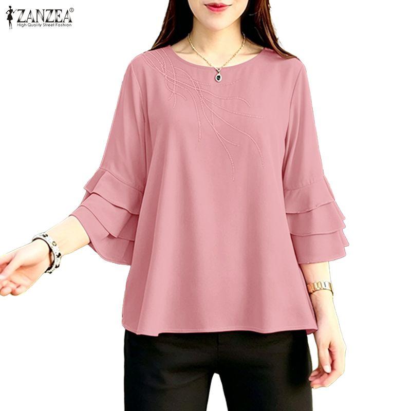 ZANZEA Women Casual Round Neck 3/4 Sleeve Embroidery Print Loose Blouse Ruffles 