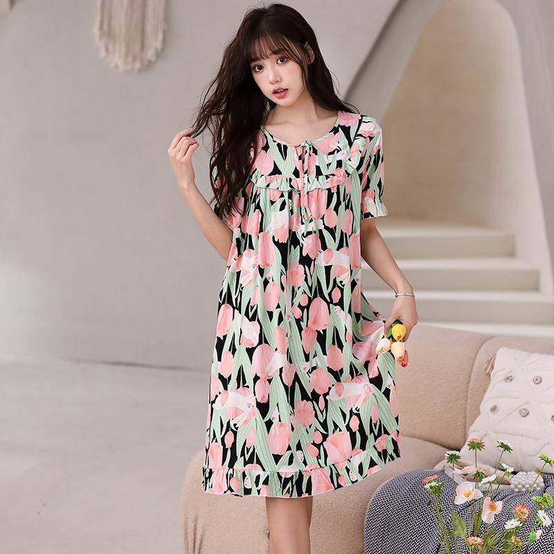 Artificial cotton silk nightdress, lace-up rope, round neck over knee, enlarged long dress, soft, comfortable and breathable, fairy casual style skirt