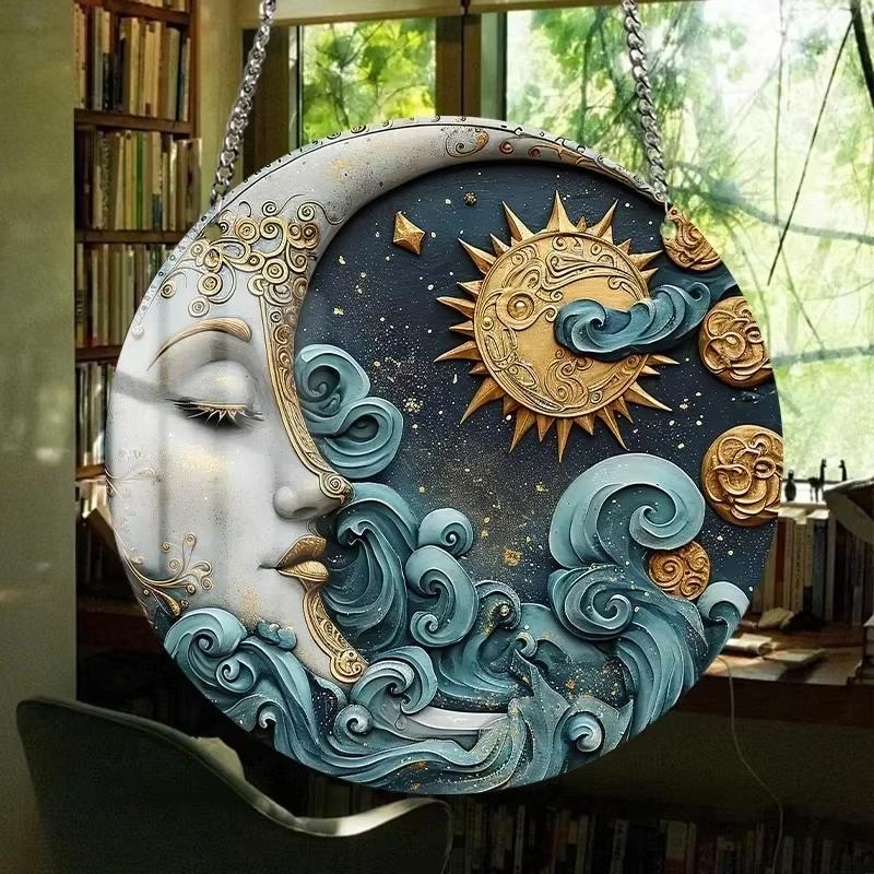 Vintage Acrylic Sign, Sun and Moon Stained Suncatcher Window Hanging Ornaments Acrylic Plate for Home Room Wall Decoration Garden Hallway Pendant Diy