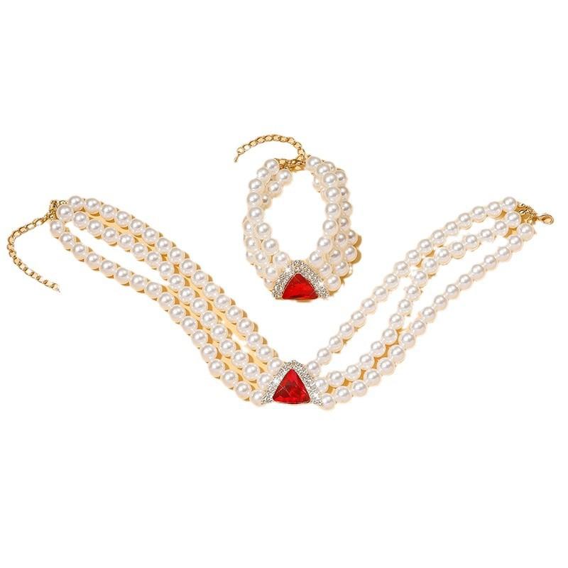 Geometric Crystal Multilayer Imitation Pearl Necklace Necklace Bracelet Stud Earrings Set Bridal Crystal Jewelry Women