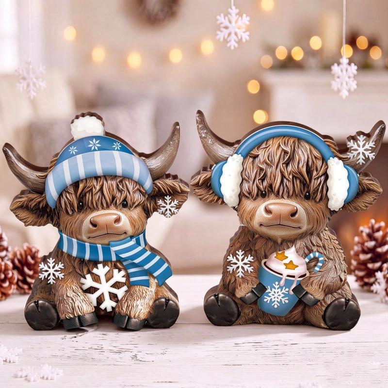 2Pcs 2D Flat Wooden Newspaper-Reading Cows Highland Cow Decorative Ornaments For Home Bedrooms Entryways Bookshelf Display